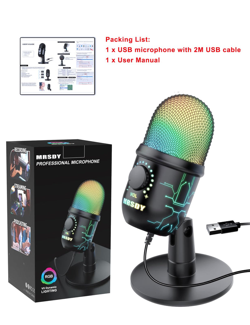 Gaming Microphone, USB Computer Microphone for PC, Mac, PS4/5, Condenser Podcast Mic for Studio Recording, YouTube, Streaming, with Headphone Jack, Led Light, Mute, Gain, Noise Cancellation V5-P
