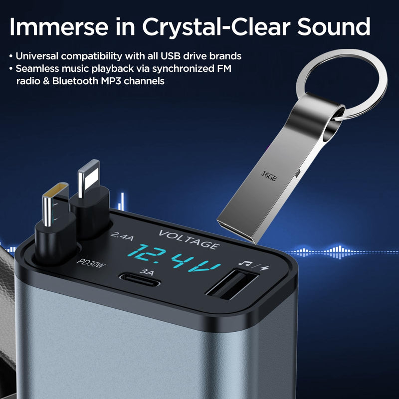 [AUSTRALIA] - Retractable Car Charger,5 in 1 PD Car Phone Charger with Bluetooth 5.3 FM Transmitter,Handsfree Call and MP3 Player,2 Retractable Cables and USB Charging Adapter for Cars Phone,Galaxy,Pixel(Grey) Grey 