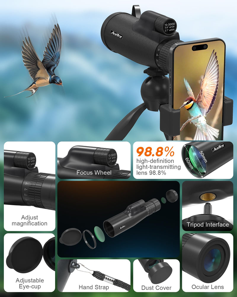 10-30x50 Monoculars for Adults High Powered with Smart Phone Holder & Upgraded Tripod, Starscope Monocular Military Grade for Outdoor Exploration, Bird Watching, and Scenic Viewing 10-30x50