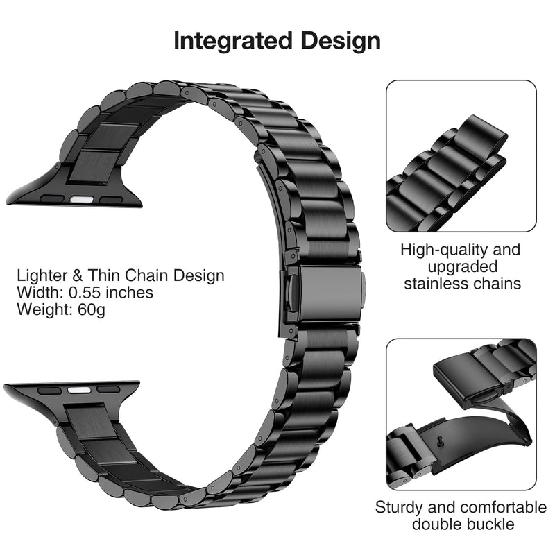 Slim Apple Watch Leather Band and Stainless Steel Metal Band for iWatch 38mm, 40mm, and 41mm，Black Black+Metal Black
