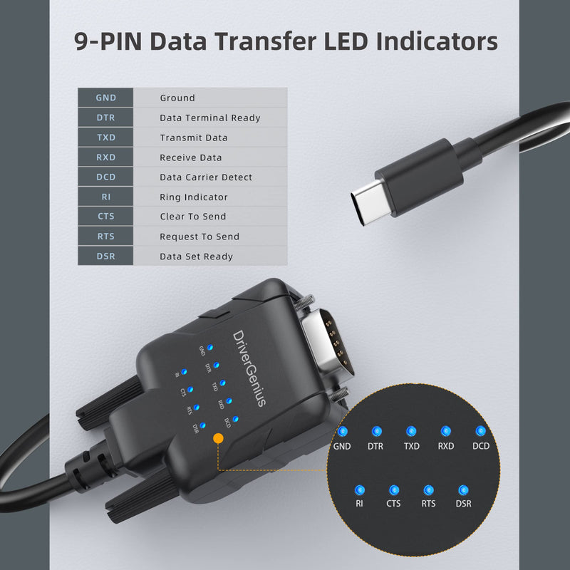 DriverGenius SerialPulseX USB-C to RS232 DB9 Adapter, 9-LED (2-Pack) | Full-Pin RS232 Signal Support for Stable Communication with IT Systems, Legacy Device Connectivity & Modem Compatibility 2 Pcs/Pack, (9xLED, C)