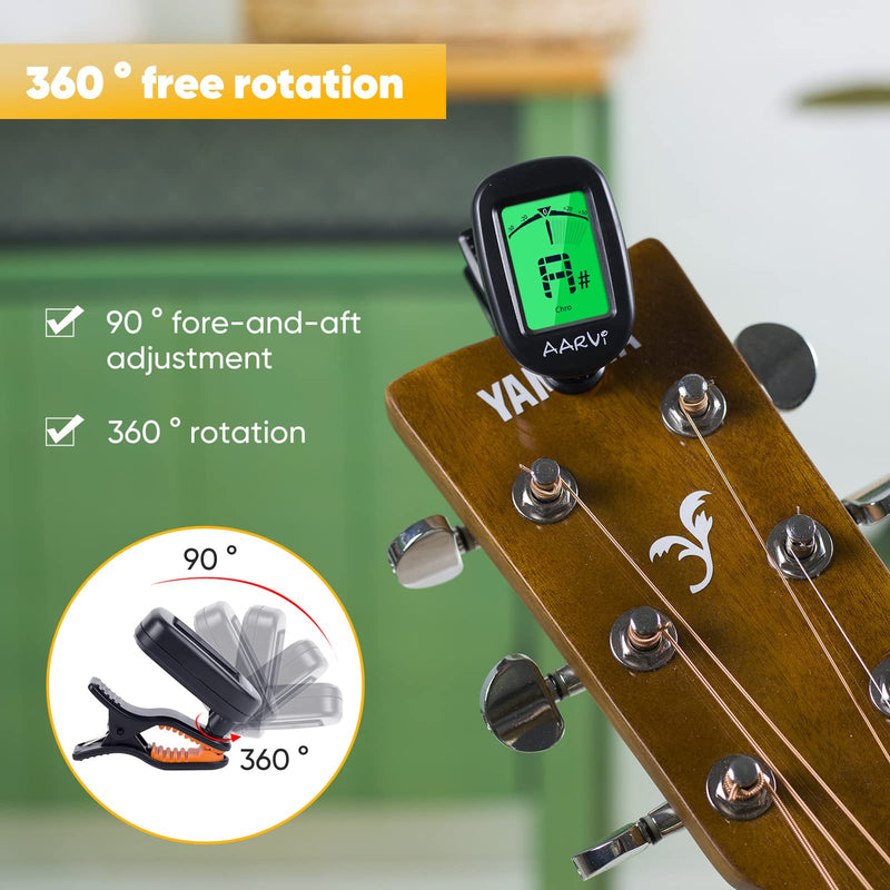 Clip On Guitar Tuner for All Instruments, Acoustic/Electric Guitar, Ukulele, Bass, Violin, Banjo, Large Clear LCD Display for Guitar Tuning, Chromatic Tuner, 4 Pack Guitar Picks Included Black-1-Pack