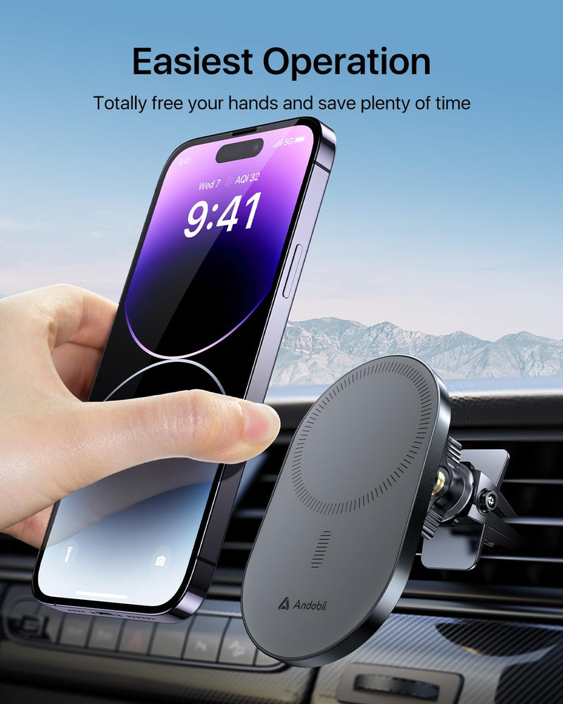 andobil 2026 Upgraded for Magsafe Car Mount [Biggest Panel, Big Phone Friendly] 360° Rotation Magnetic Phone Holder for Car Vent Suitable for iPhone 17/16/15 Pro Max Samsung S25/S24 (Grey) Grey