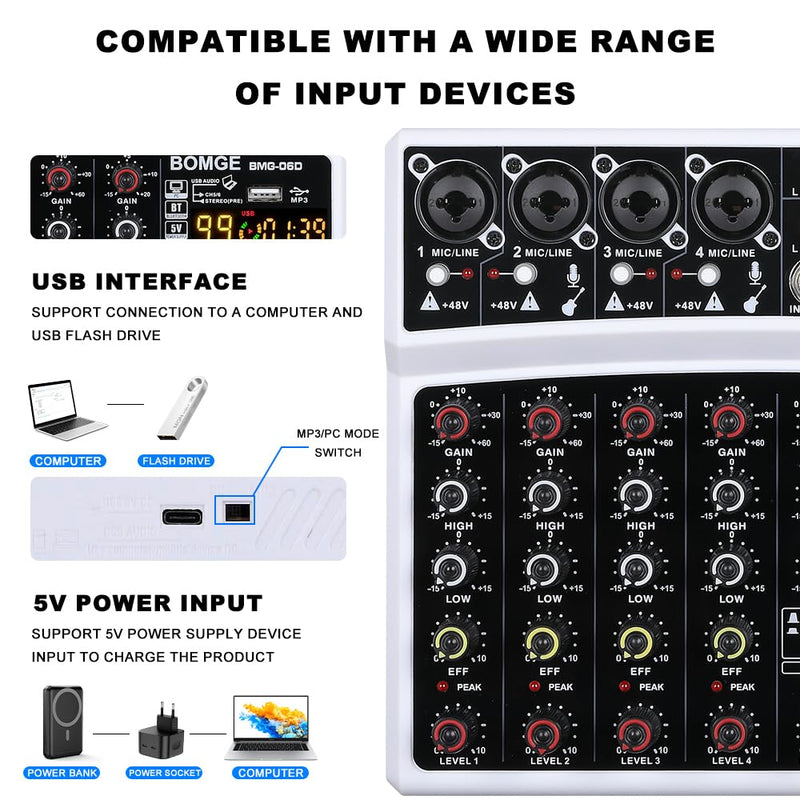 BOMGE 6 Channel Audio Sound Mixer - Professional Digital DJ Mixing Console for Live Streaming, Karaoke and Stereo Recording - With PC Computer Record Playback/Bluetooth/MP3/USB/48V /99 DSP White