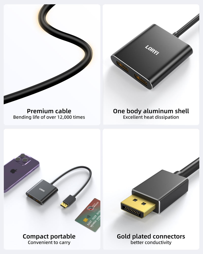 Displayport to Dual Displayport Splitter Adapter,4K60Hz MST Displayport hub 1 in 2 Out Display Port for Dual Monitors,DP1.4 Display Port Splitter for Desktop, Laptop,Extend Display