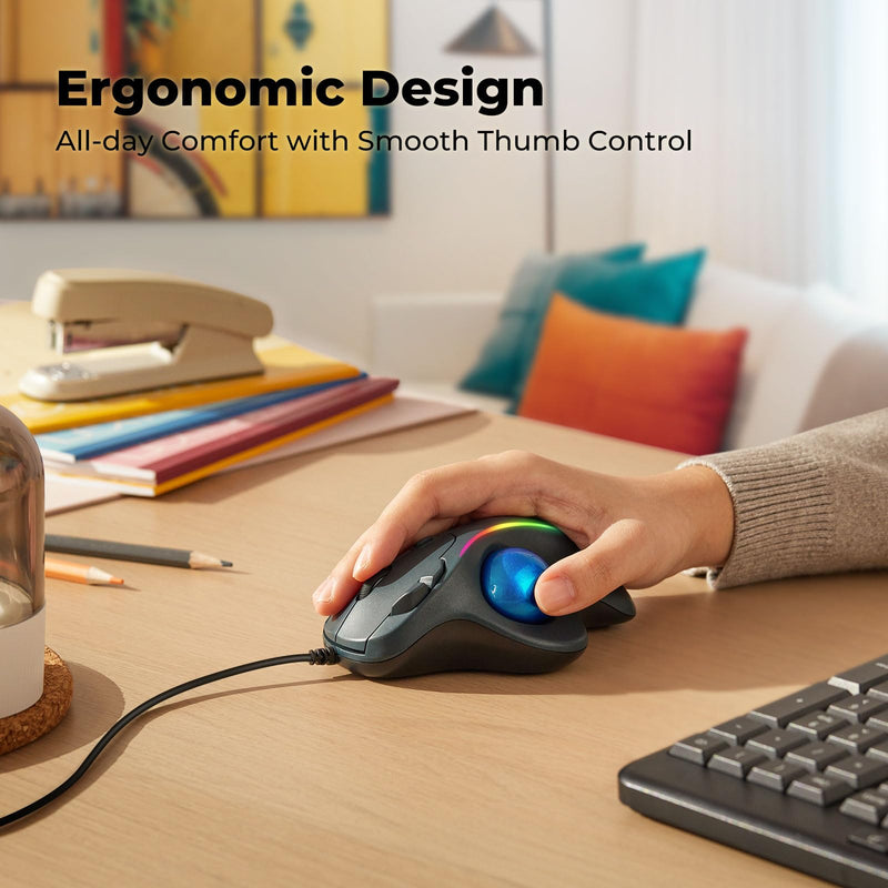 Wired Trackball Mouse with RGB Lighting, Ergonomic Thumb Control to Reduce Muscle Strain, 5 Adjustable DPI, Dual USB-C & USB-A Connectivity, Compatible with PC, Laptop, Mac, Windows-Blue A-Blue