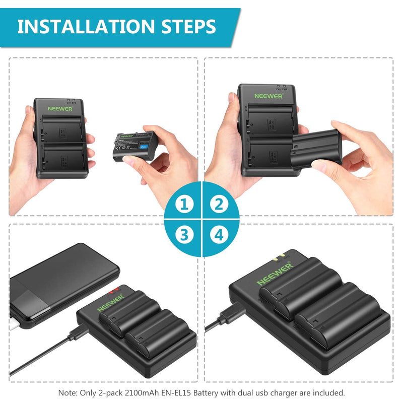 NEEWER Replacement Battery and Charger Set for EN-EL15, Compatible with Nikon Z5, Z6, Z6 II, Z7, Z7II, D780, D850, D7500, D750, D800, D7000, D7100, D7200 Batteries (2-Pack, Micro USB Port, 2100mAh)