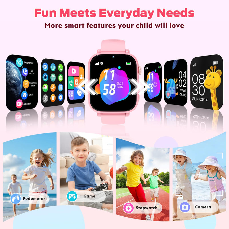 4G Kids Smart Watch with GPS Tracker, Video Call & Texting, Smart Watch for Kids with SIM Card, SOS, School Mode, HD Camera, Pedometer, Kid Watch Gift for Boys Girls Age 4-12, Pink