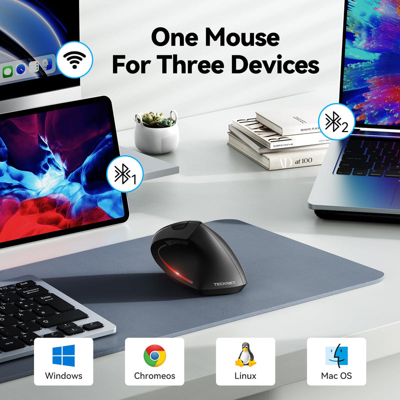 TECKNET Ergonomic Mouse, Wireless Bluetooth Vertical Mouse, 4800 DPI Silent Mouse with 6 Adjustable DPI Levels, 2.4GHz Optical Mouse, 6 Buttons Wireless Mouse for Laptop, Desktop, PC, MacBook Black