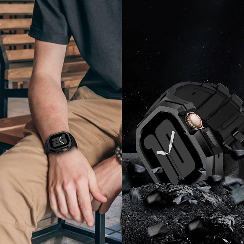 Luxury Metal Case with FKM Band for Apple Watch Ultra 3/2/1 49mm & 44-46mm | Stainless Steel Rugged Case,Soft Fluoroelastomer Strap,Classic Men Design for Business/Sports/Leisure,Skin-Friendly & Durable Black