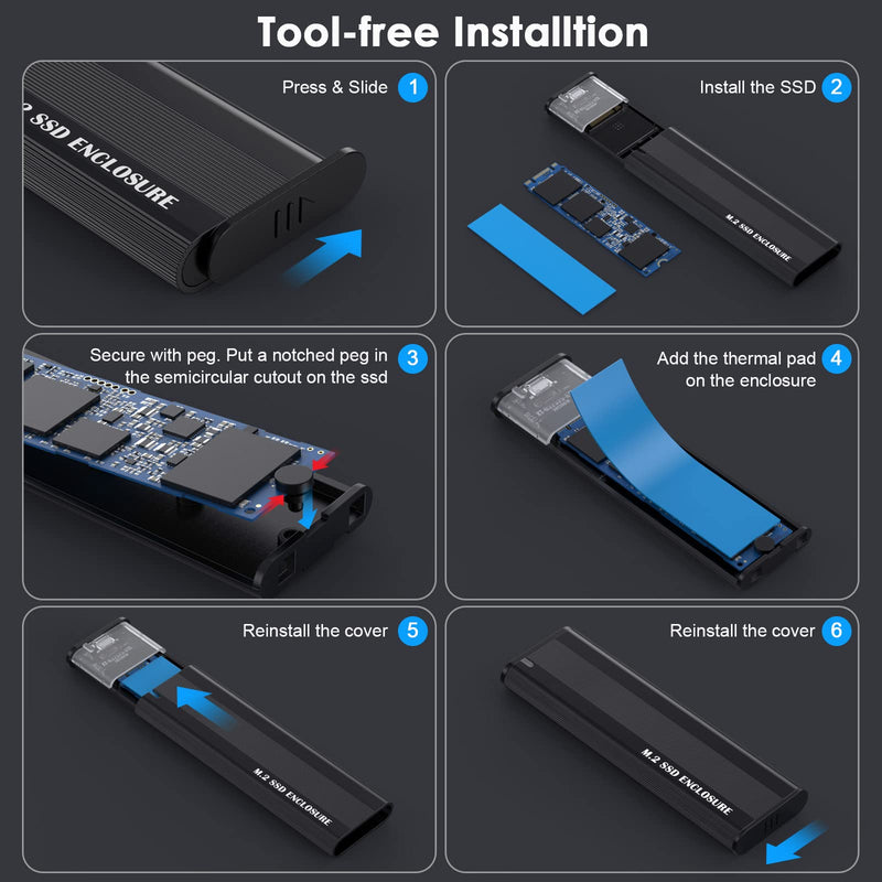 Aluminum M.2 NVME SATA SSD Enclosure Adapter, 10Gbps Type C Tool Free Enclosure for M.2 PCIe NVMe and SATA SSDs