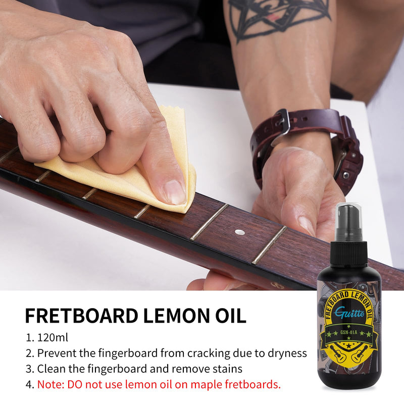 GUITTO Guitar Cleaning Kit All in One - Guitar Care Kit with Fretboard Lemon Oil, Guitar Polish, String Cleaner for Acoustic Guitar, Electric Guitar, Bass - Microfiber Cloths GSN-01