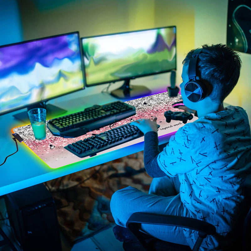 CICPLKSE Customized RGB Gaming Mouse Pad and Coffee Coaster,Large Glowing Led Anti-Slip Rubber Base Computer Keyboard Desk Mouse Mat 31.4x11.8 Inch,Pink Glittering Live Laugh Love Pink Glittering Live Laugh Love