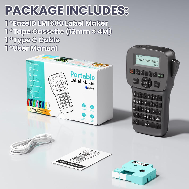 [AUSTRALIA] - Label Maker Machine with Tapes Waterproof, Rechargeable Label Maker Portable, Keyboard Label Maker with Backlit Screen, Bluetooth Labeler for School Office Industrial Use, LM1600 Black 