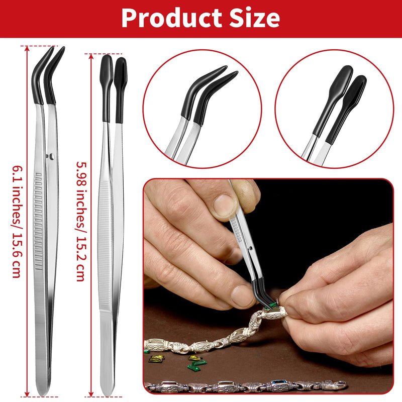 Pack of 2 Long Plastic Craft Tweezers with Rubber Tips and PVC Coating - Flat, Non-Slip, Curved and Angled Tweezers - Metal Sticker Tweezers for Repair and Jewellery (Black) Black
