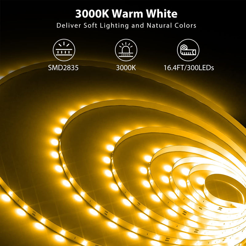 DAYBETTER Warm White LED Strip Light,16.4ft Dimmable Bright Rope Light,3000K 12V LED Light Strip,Super Bright LED Tape Lights for Bedroom,Kitchen,Mirror,Home Decoration 16.4ft