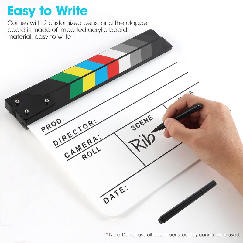 Acrylic Movie Film Directors Clapboard, Photography Video TV Cut Action Scene Slate Clapper Board Props with a Magnetic Blackboard Eraser, Two Custom Pens, Cleaning Cloth and Hex Wrench, White