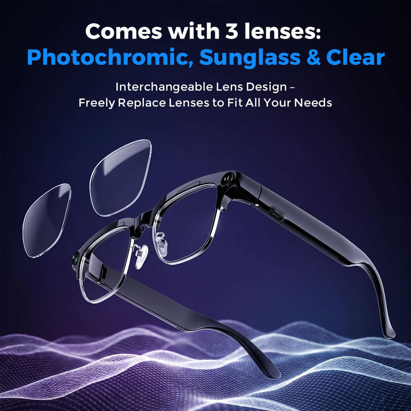 AI Smart Glasses with Camera and Bluetooth, 4K Recording Glasses Video and Audio, 8MP Smart Sunglasses with 3 Lenses, Real-Time Translation, AI Assistant, Open-Ear Music, Object Recognition Black