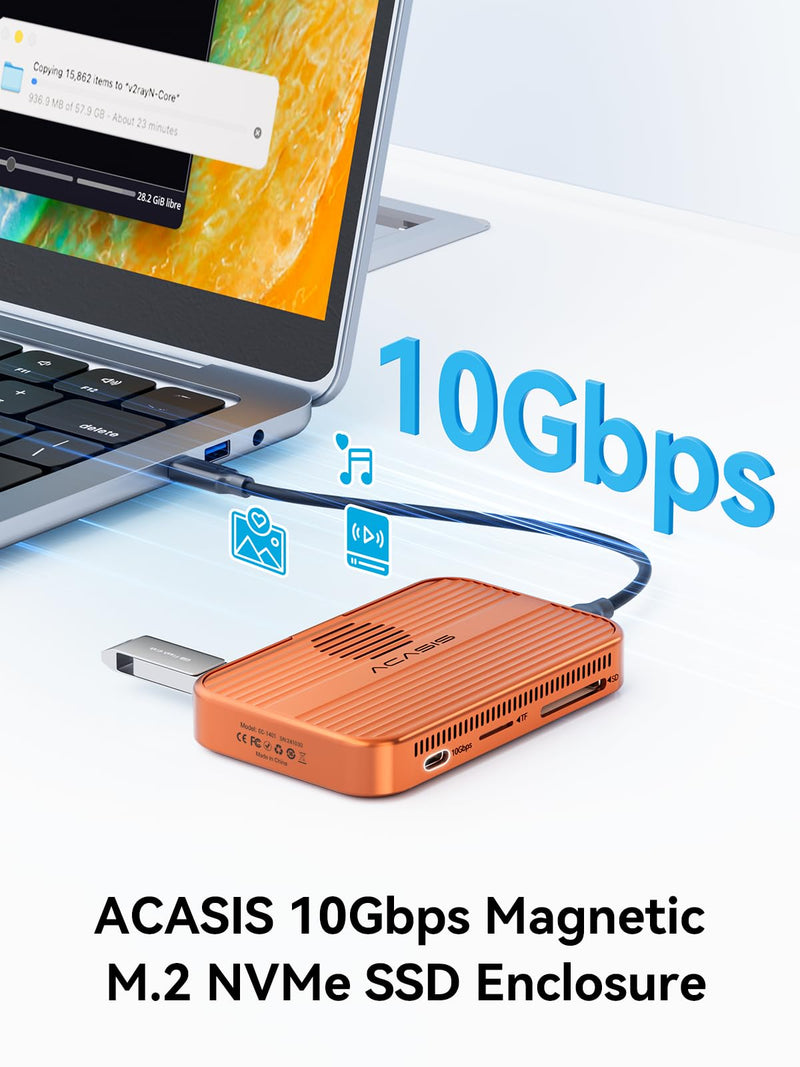 ACASIS 10Gbps Magnetic M.2 NVMe SSD Enclosure With 4K ProRes Recording M.2 EnclosureCompatible IPhone 17/16/15 Pro/Pro Max Magnetic SSD Enclosure with Cooling Fan For Video Editor/Blogger/Videographer orange