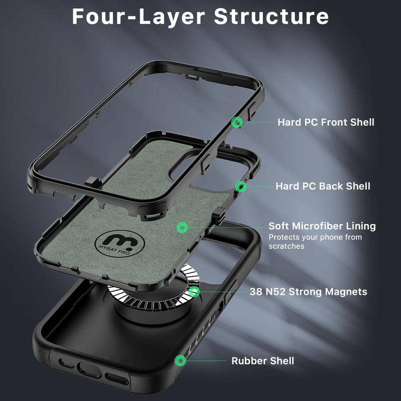 M MYBAT PRO Maverick Series for iPhone 15 Pro Max Case with Belt Clip Holster,[Compatible with Magsafe] w/Screen Protector,Anti-Drop,Shockproof,with 360°Rotating Kickstand,Heavy Duty Protection Black