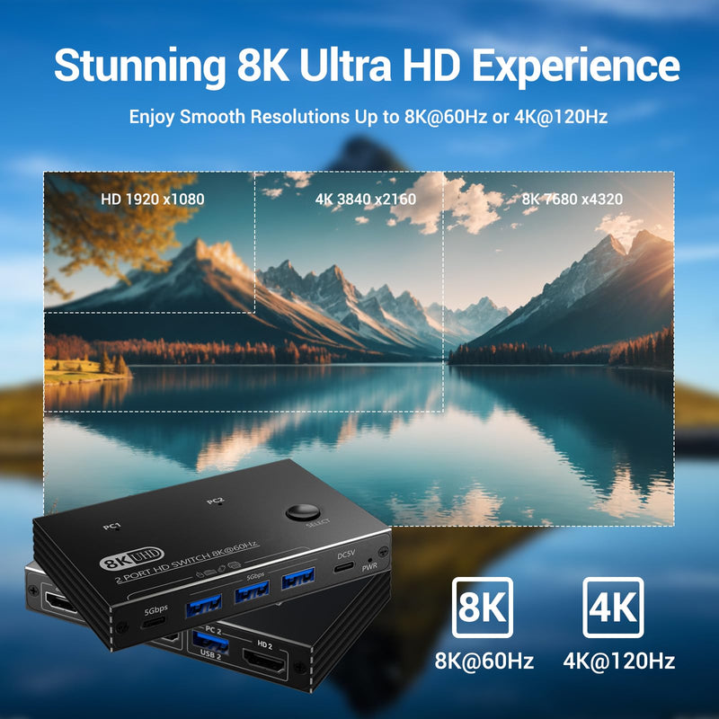 8K@60Hz KVM Switch 1 Monitors 2 Computers - 8K Hd Mi KVM Switcher for Two Computers with 4 USB 3.0 A/C Port Share One Monitor Keyboard Mouse Printer U-Drive, with EDID Adaptive and 2*USB Cables