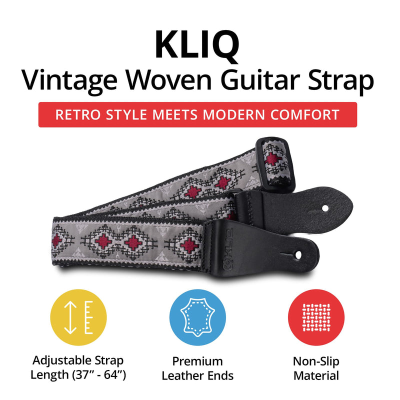 KLIQ Vintage Woven Guitar Strap for Acoustic and Electric Guitars + 2 Free Rubber Strap Locks, 2 Free Guitar Picks and 1 Free Lace | '60s Jacquard Weave Hootenanny Style | Navajo Gray/Wine Regular Navajo Gray & Wine