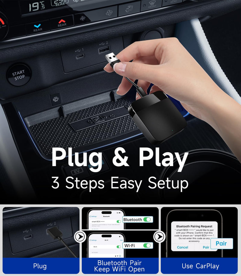 Wireless Carplay Adapter, Converts Wired to Wireless Carplay Dongle for Wireless Control Plug & Play Carplay Fit for Cars from 2017 & for Apple iPhone iOS 10+, Navigation, Music, etc. Black