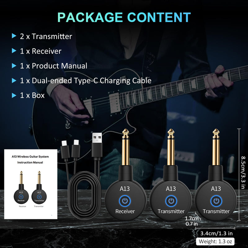 A13 Wireless Guitar System 2.4GHz Transmitter Receiver for Electric/Acoustic Bass Guitar, Rechargeable Li-Battery, Plug & Play Wireless Guitar Cable for Guitar, Bass, Violin - Black (2TX + 1RX) A13-2