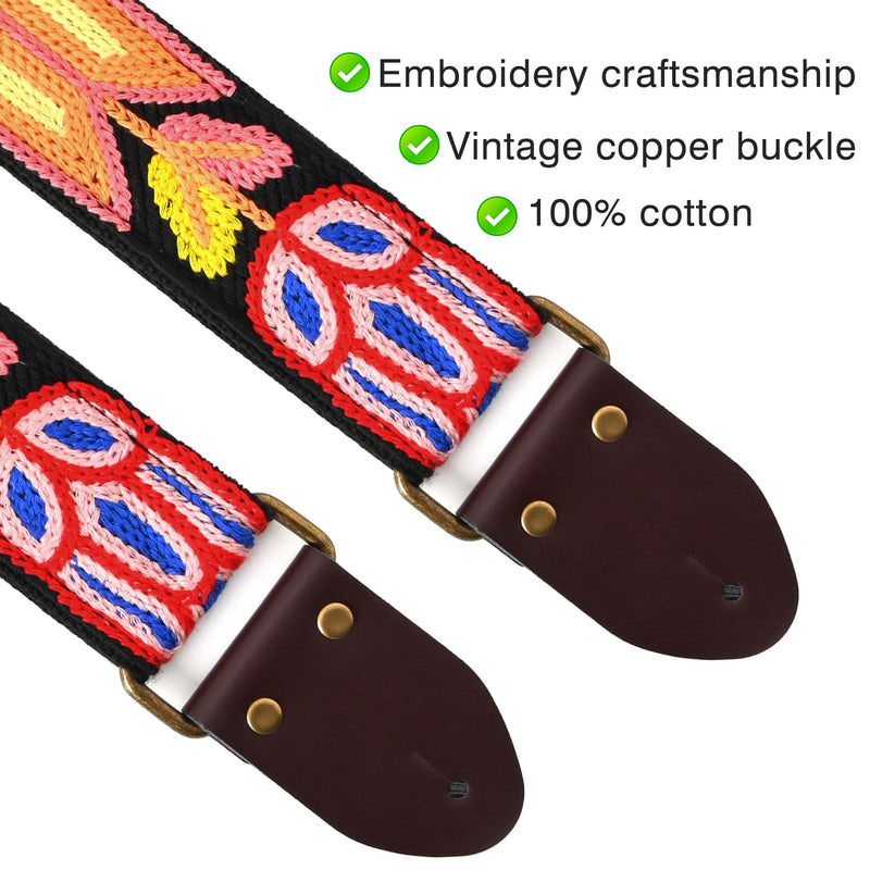 Crochet Flowers 2 inch width Guitar Strap Tulip Black