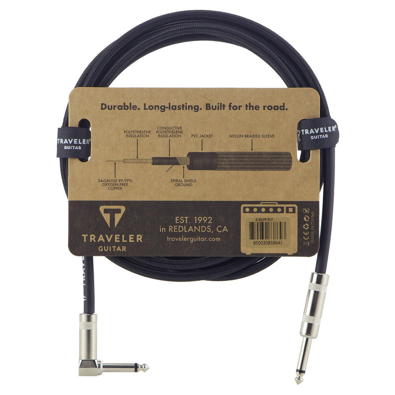 Traveler Guitar 10ft. Instrument Cable, Braided, Straight/Angled - Black