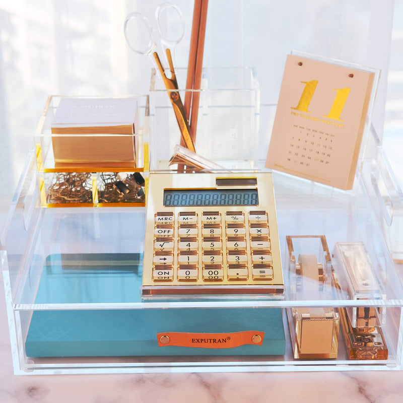 Acrylic Calculator with Stand, Battery and Solar Hybrid Powered Basic Calculator 12-Digit LCD Display,Home Office Desktop Accessories(Gold) Gold