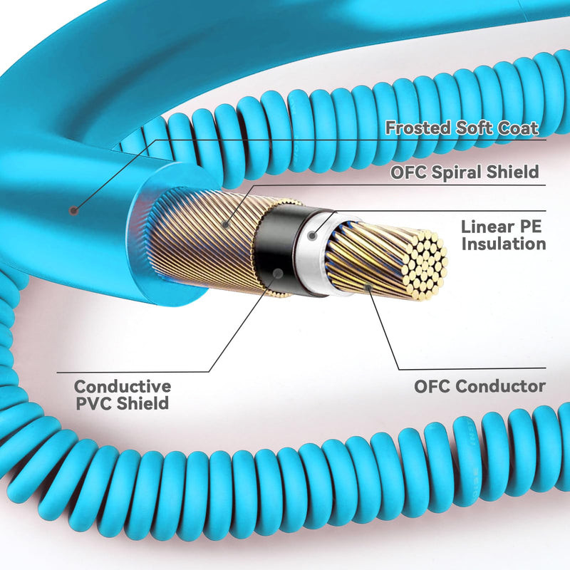 Curly Guitar Cable 30ft, Coil Electric Instrument Guitar Bass Cord AMP Lead 1/4 Straight to Angled Light Blue Straight-Angled