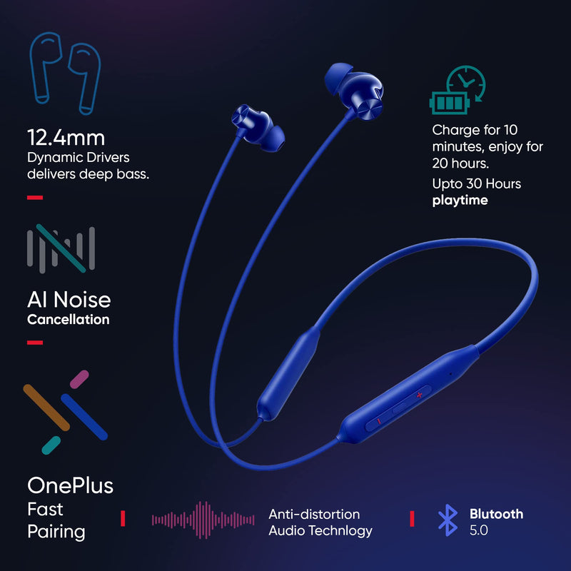 OnePlus Bullets Wireless Z2 Bluetooth 5.0 in Ear Earphones, Bombastic Bass – 12.4 mm Drivers, 30 Hrs Battery Life (Beam Blue)