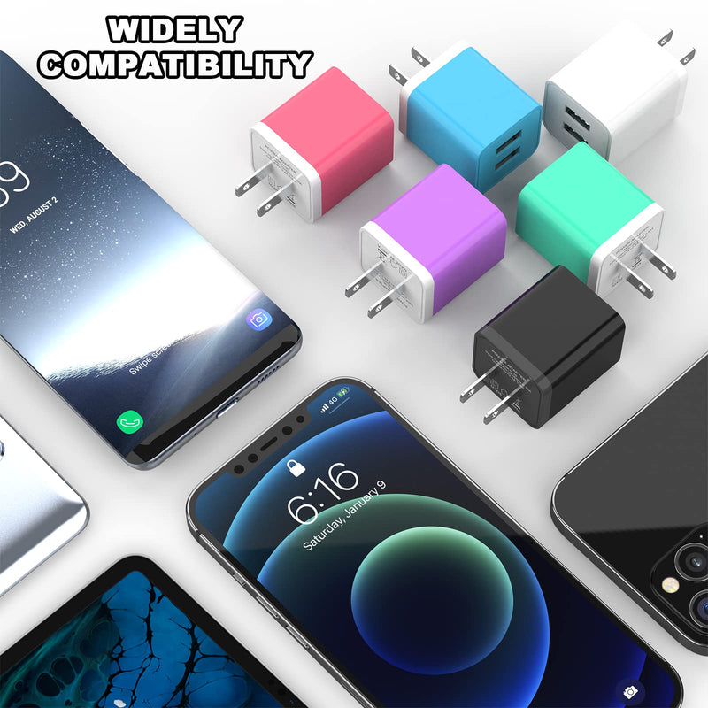 6Pack USB Wall Charger, iGENJUN 2.4A Dual USB Port Cube Power Plug Adapter Fast Phone Charger Block Charging Box Brick for iPhone 15/15 Pro/15 Pro Max/14, Samsung Galaxy, Pixel, LG, Android-Colorful Colorful