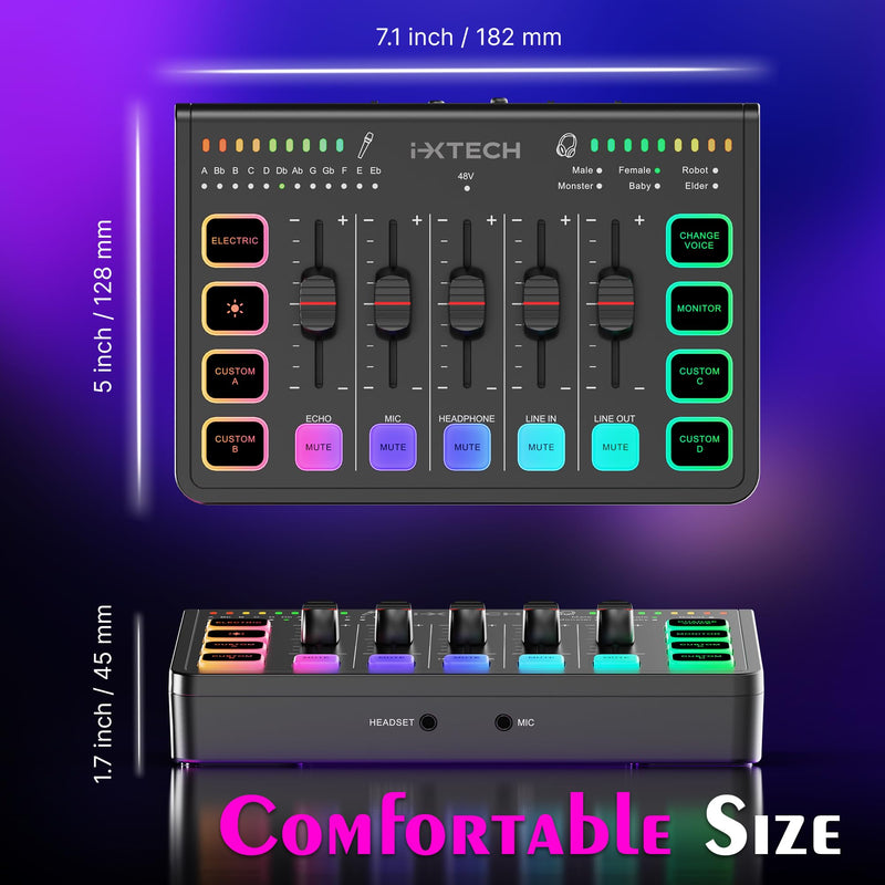 IXTECH Gaming Audio Mixer 4 Channel Soundboard, Streaming RGB PC Audio Interface with XLR Microphone Support, Audio Equalizer for Gaming Podcast Streaming Karaoke, Individual Volume Controls (Black) IX-MI-MIX01 Black