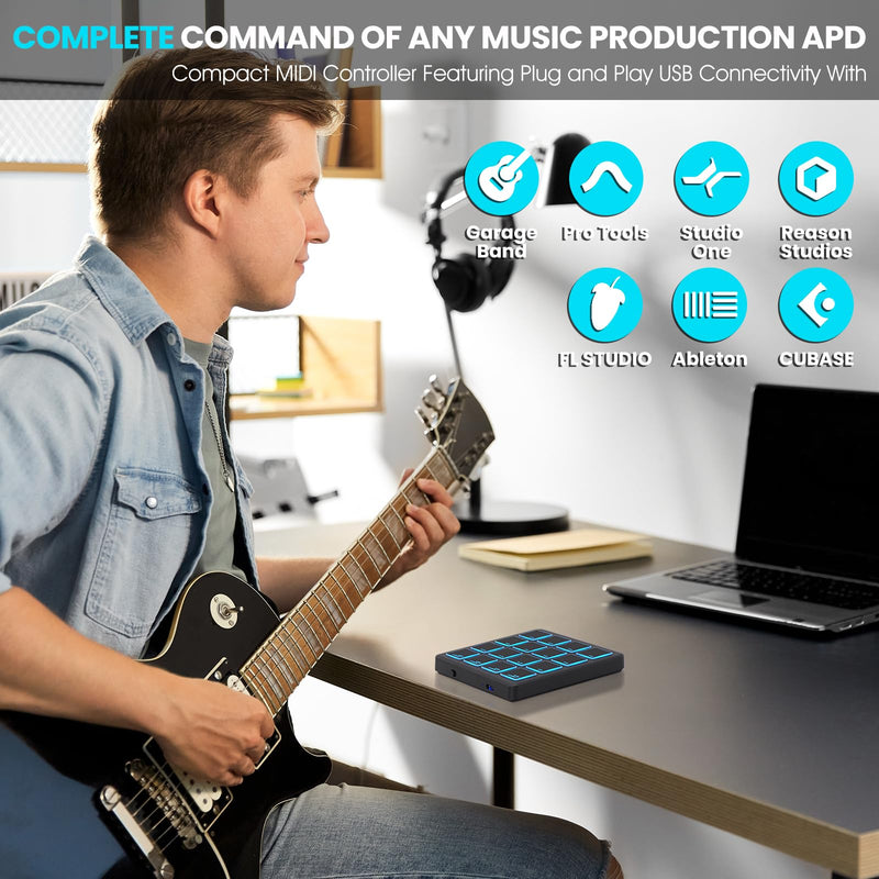 M-VAVE Wireless MIDI Controller Pads, 4.1 * 4.1 Inch, 0.28 LBS, Bluetooth Portable USB with 16 Drum, Note Repeat, Full Level Buttons, Rechargeable battery (Black Pocket)