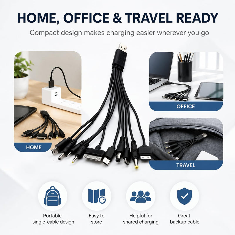 10-in-1 USB Charging Cable Adapter, Multi-Device Universal Charger with 10 Ports, Compatible with Phones, Tablets, Speakers, MP3/MP4 Players