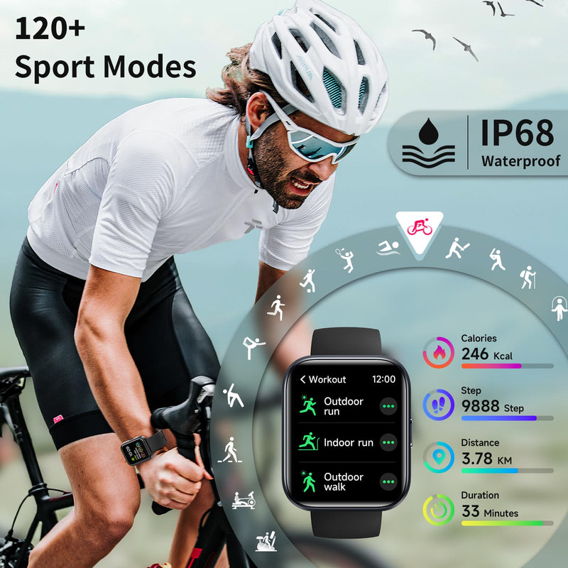 WNH Smart Watch for Men/Women Android & iPhone, 1.8" Touch Screen Fitness Tracker with Alexa, Call & Notification Alerts, Heart Rate/Sleep/SpO2 Monitor, Pedometer, IP68 Waterproof, 120+ Sport Modes Black