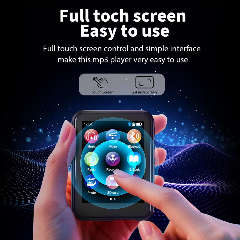 [AUSTRALIA] - MP3 Player with Bluetooth 5.3, 16GB 2.4-Inch Full Touchscreen Music Player for Kids, FM Radio, Voice Recorder, Hi-Fi Sound, E-Book, Earphones Included Black 