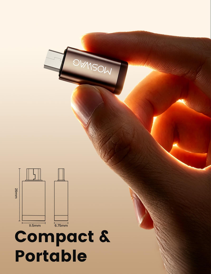 MOSWAG USB-C to Mini USB Adapter 2 Pack, 480M, 2.4A, GPS, GoPro, Camera | USB-C female to Mini USB male, charge & sync, 480Mbps, 2.4A, aluminum, compact, for Garmin, Canon, PS3, GPS, travel
