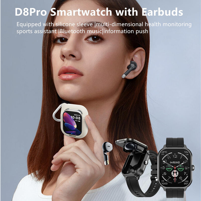 Tuanzi D8Pro 2.01" TFT Smartwatch with Earbuds Smart Watch TWS Wireless Bluetooth Headset Health Monitor Fitness Tracker Bluetooth Call Music Player (Black Silicone) Black Silicone