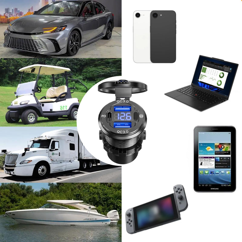 2PCS, 12V USB Outlet, VANONE Aluminum Alloy Dual 18W QC3.0 Ports & 36W PD USB Charging Port 12 Volt Outlet Charger Socket, Accessories for Car Boat Marine Motorcycle RV ATV Truck Golf Cart GSG2023-5M