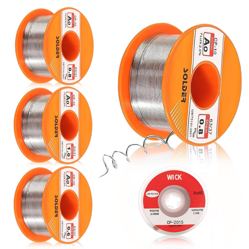 XIAQICA Solder 5 pieces 50 g solder with rosin core solder flux 0.6/0.8/1 mm with desoldering wire (2 mm/1.5 m) for DIY welding work and electrical repairs