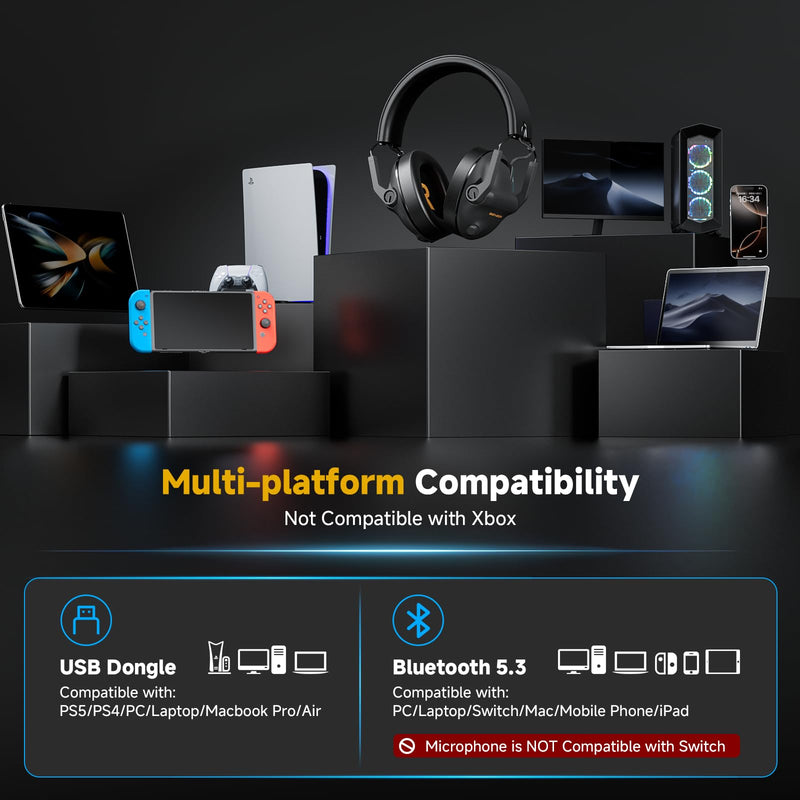 [AUSTRALIA] - SG600 Wireless Gaming Headset for PC, PS5, PS4, Laptop, Mac, Nintendo Switch, 2.4GHz & Bluetooth 5.3 Gaming Headphones with Noise Canceling Mic, Stereo Sound, 70+Hr Battery, 15ms Latency Black 
