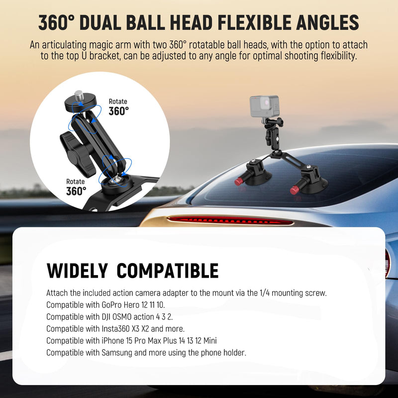 Neewer Dual Suction Cup Car Mount Kit with 360° Ball Head Magic Arm, Quick Release Air Pump Vacuum Camera Mount with Phone Holder & Action Camera Adapter Compatible with Insta360 DJI OSMO, CA066