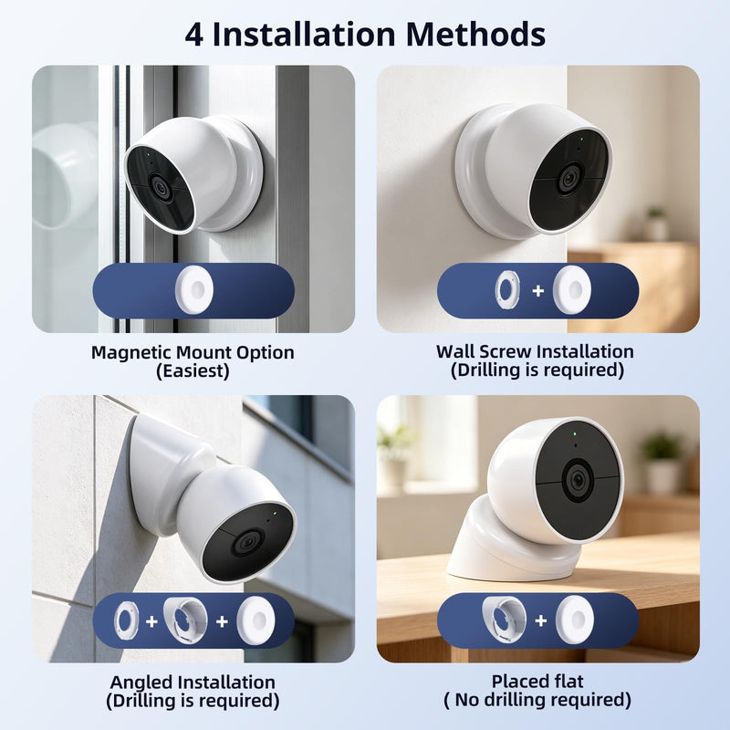 Magnetic Wall Mount Compatible with Google Nest Cam Outdoor (Wired, 2nd Gen) and Outdoor or Indoor, Battery, 4 Installation Methods, Nest Camera Replacement Angled Mount, Nest Cam Desk Stand