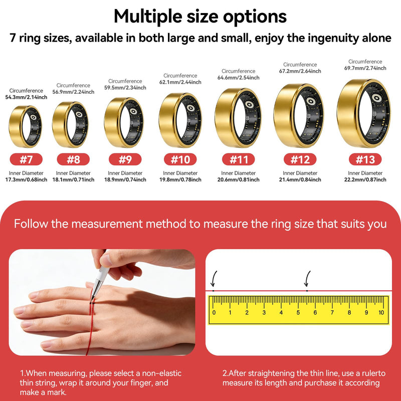 Smart Ring Fitness Tracker for Women and Men, Heart Rate Monitor, Sleep and Stress Monitoring, Menstrual Cycle Tracking, Step Counter, IP68 Waterproof, No Subscription, Compatible with iOS and Android Gold 7