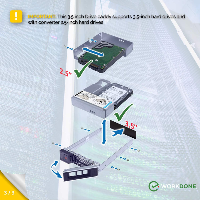WorkDone 3.5 inch Drive Caddy with 2.5 inch HDD Adapter - Compatible for Dell PowerEdge Servers - R740 R640 R540 R440 R340 R550 R450 R650xs R750xs - Bright LED Tray - with Detailed Setup Manual