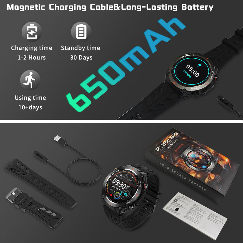 Military Smart Watch with GPS, Pressure/Altitude/Compass, Rugged Smartwatch for Men with 650mAh Extra-Large Battery, Answer/Make Call, 100+ Sports Mode, Metal Body Fitness Tracker for Android iOS