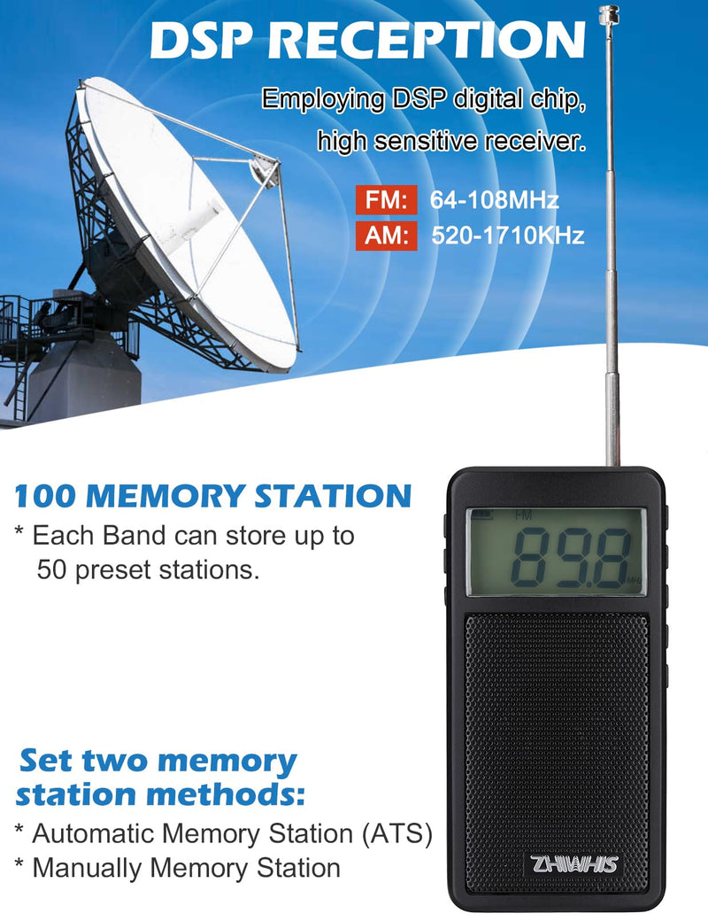 [AUSTRALIA] - ZHIWHIS Portable Radio, AM FM Receiver, DSP Small Pocket Radios Operated by AAA Batteries, Digital Clock, 100 Station Memory, Start Timer/Sleep Timer, for Walking/Running, Black ZWS-105 